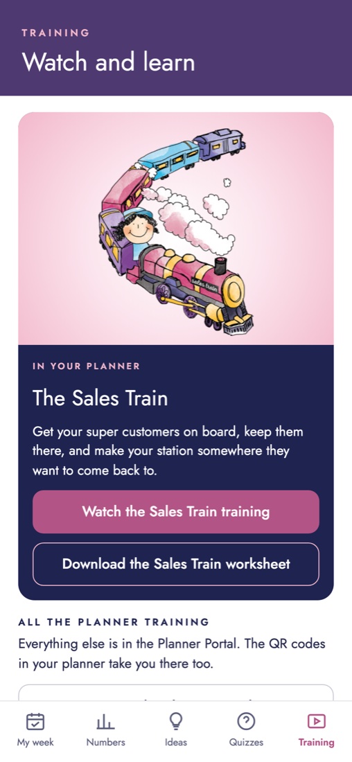 The Sales Train in the app: watch the training and download the worksheet