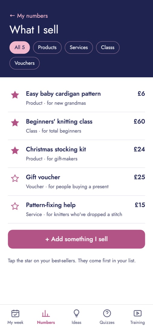 The app: What I sell, with your bestsellers at the top