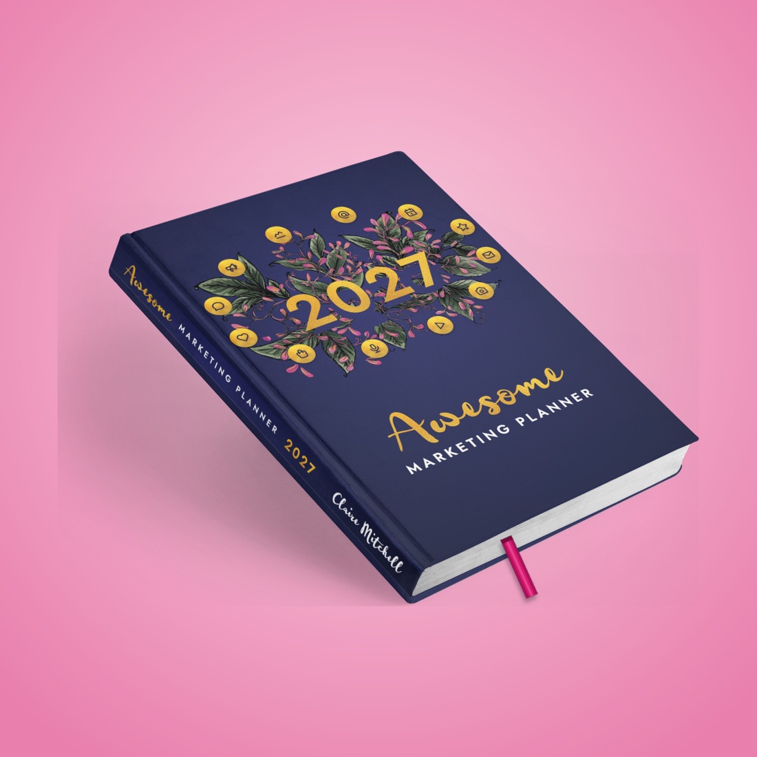 The 2027 planner lying open at an angle, showing its spine and pages