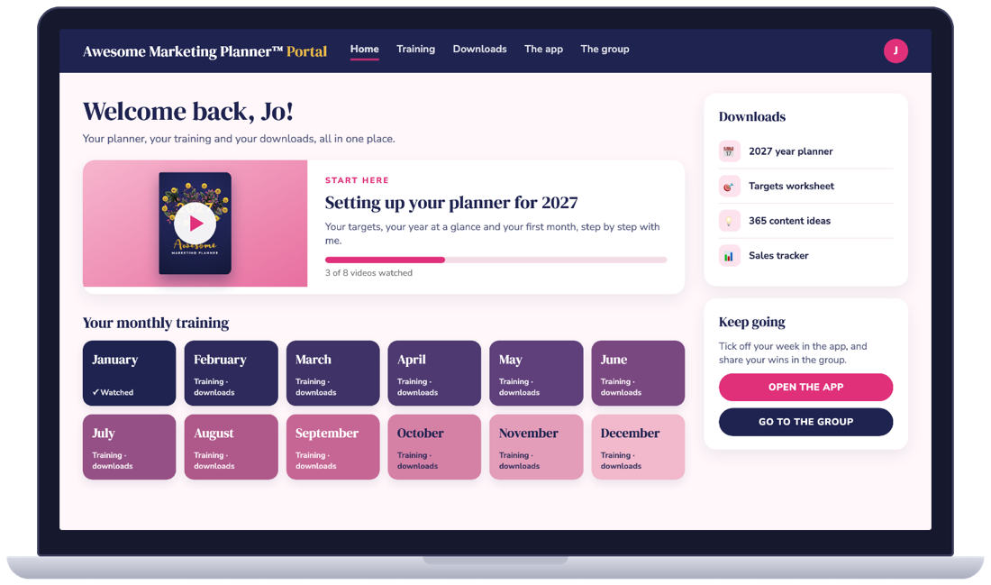 The Planner Portal on a laptop: a Start here video, monthly training and downloads