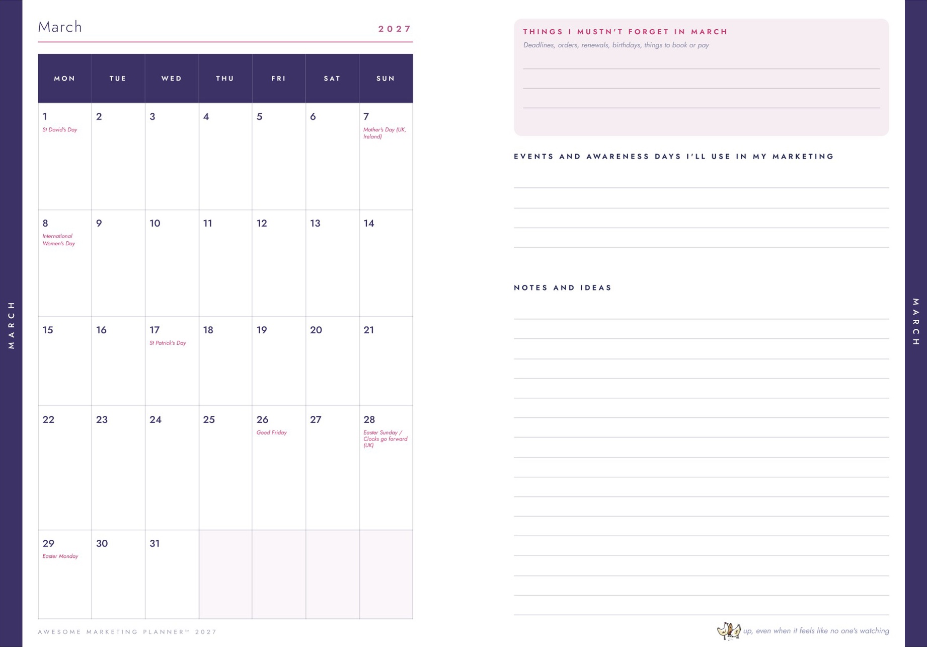 The March calendar pages