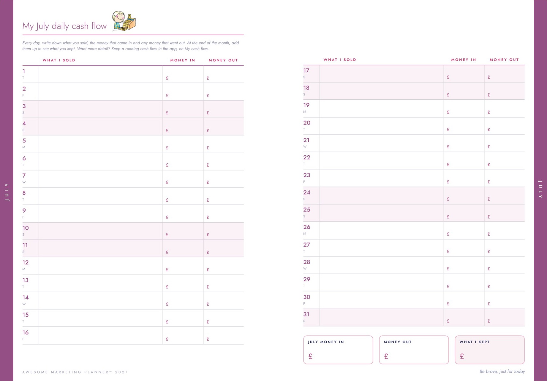 July daily cash flow over two pages