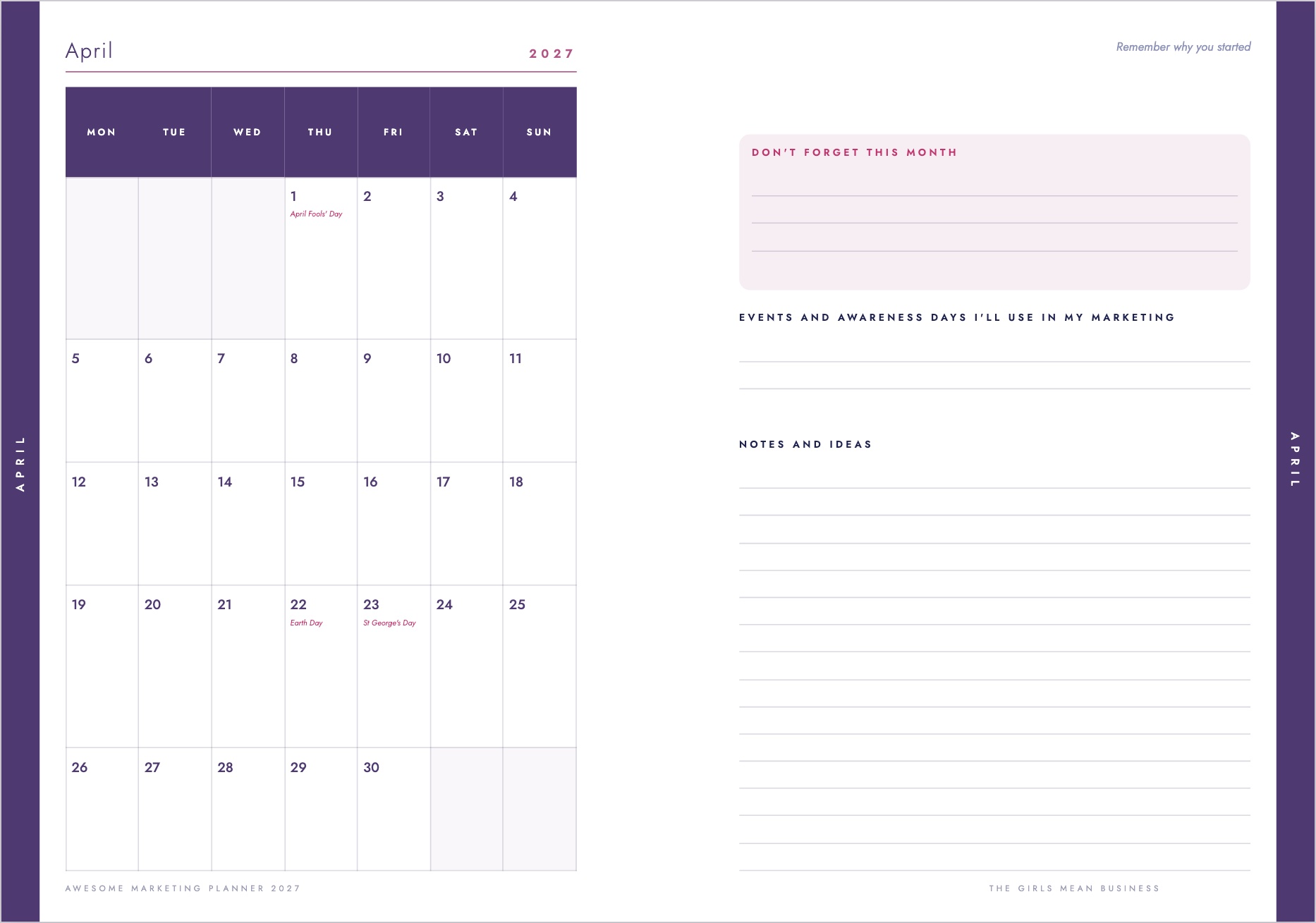 The April month-to-view calendar