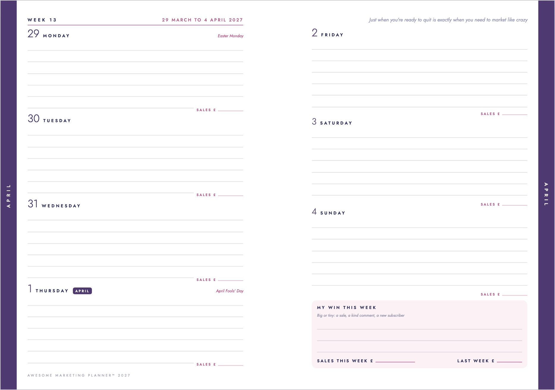A week-to-view spread with a space for every day