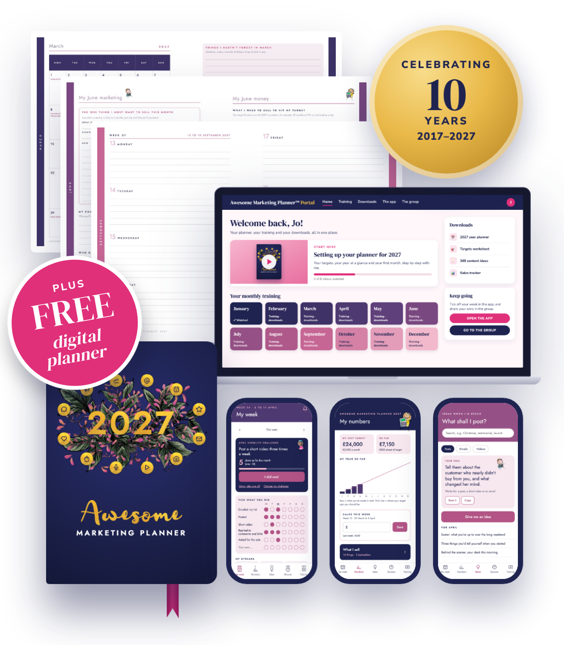 The Awesome Marketing Planner System 2027: the A5 hardback planner and its pages, the Planner Portal on a laptop and the planner app on three phones