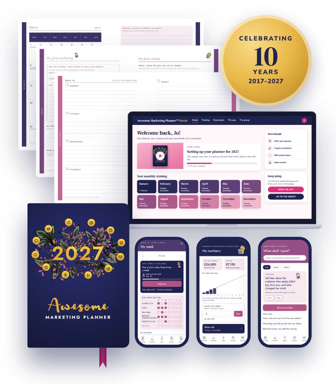 The whole Awesome Marketing Planner System: the hardback planner, its pages, the Planner Portal and the app