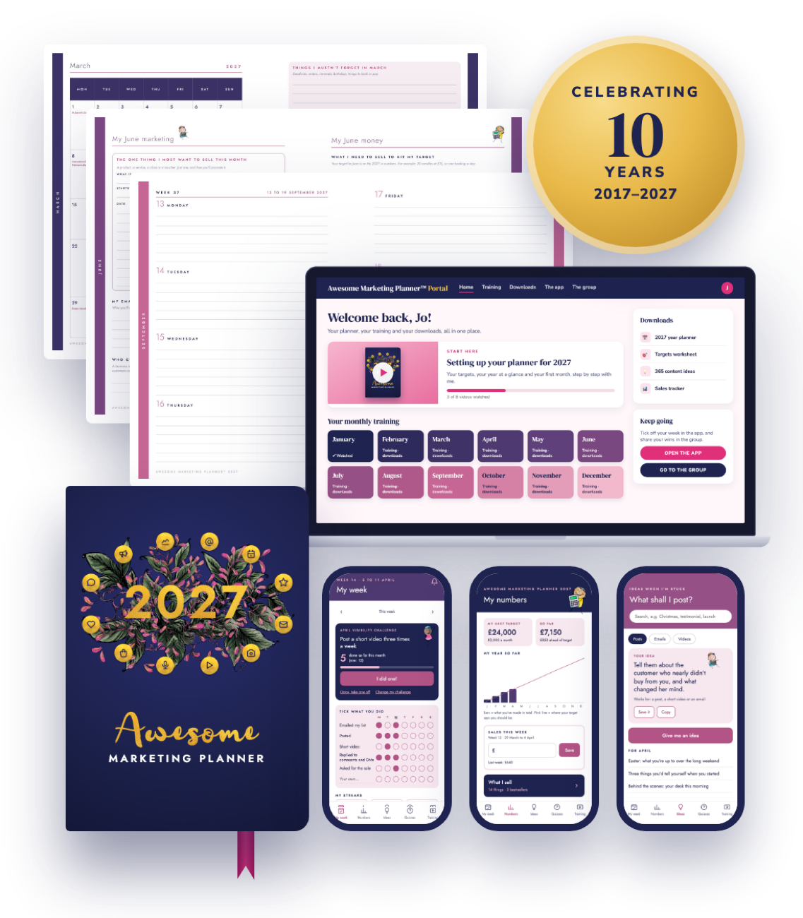 The Awesome Marketing Planner System 2027: the A5 hardback planner, the Planner Portal on a laptop and the planner app on two phones
